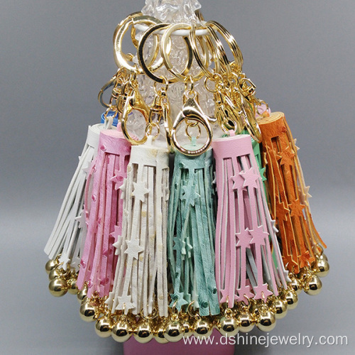 PU Leather Tassel Cute Key Chains Star Fringe With Balls